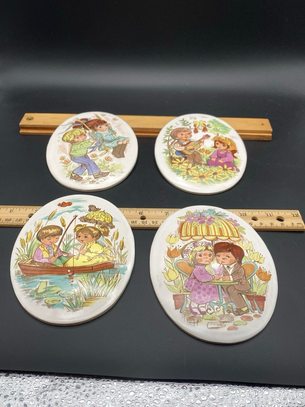 Vintage Ceramic Wall Plaques with Children Illustrations - Set of 4 -